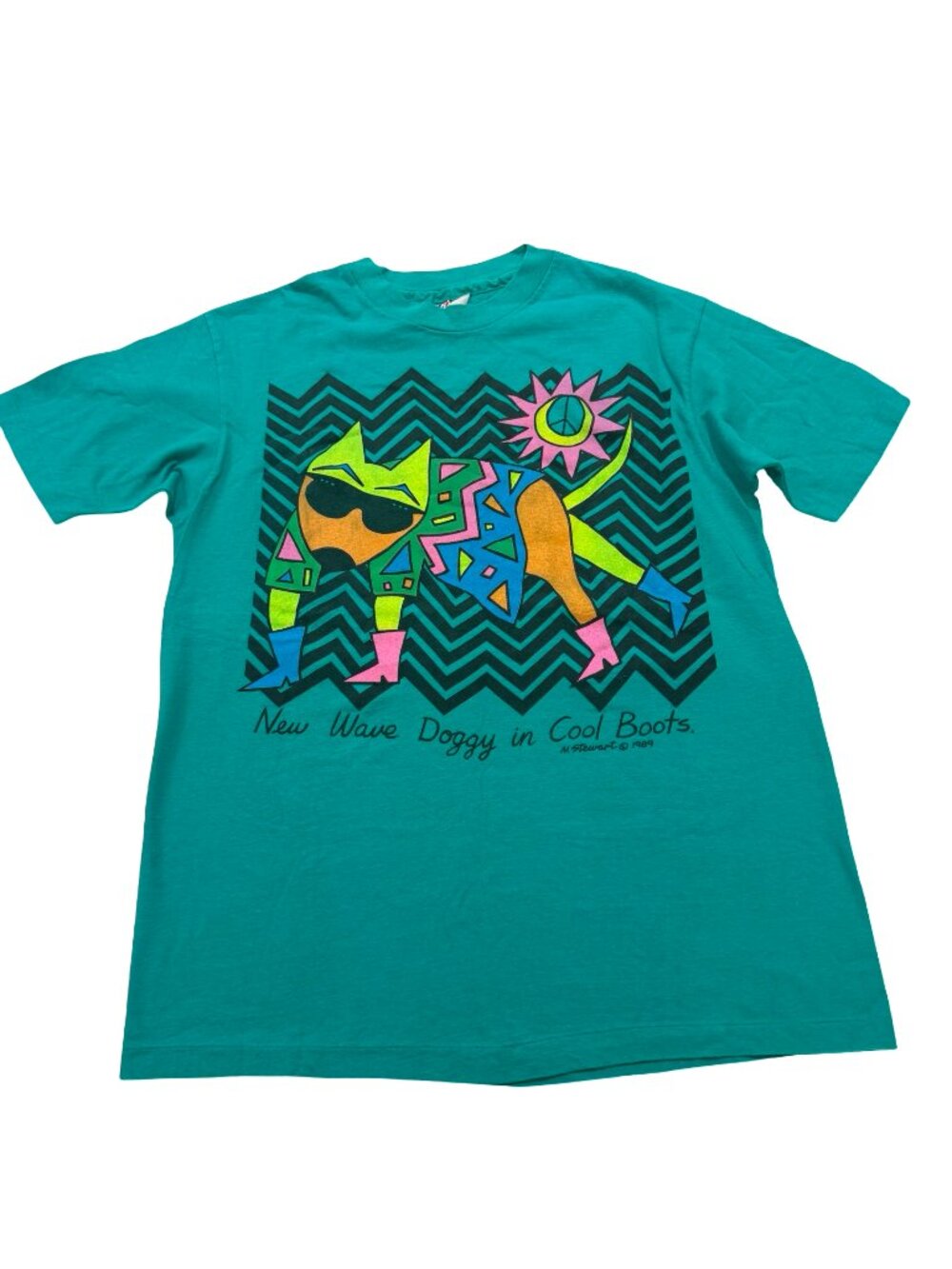 Hanes Teal Graphic Dog Print Vintage 1989 Tee Shirt M. Stewart Large Women's